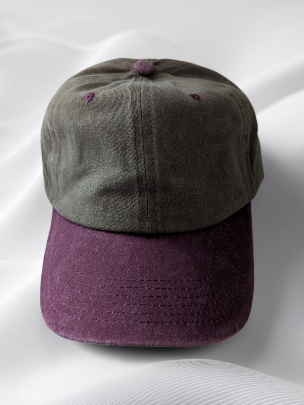 Women's Men's Dyed Washed Two-Tone Olive and Plum Baseball Cap Hat